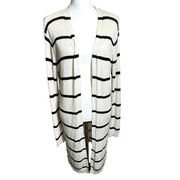 DOE & RAE Women Medium Cream Black Stripe Long Open Cardigan Sweater Ribbed Knit - Picture 1 of 9